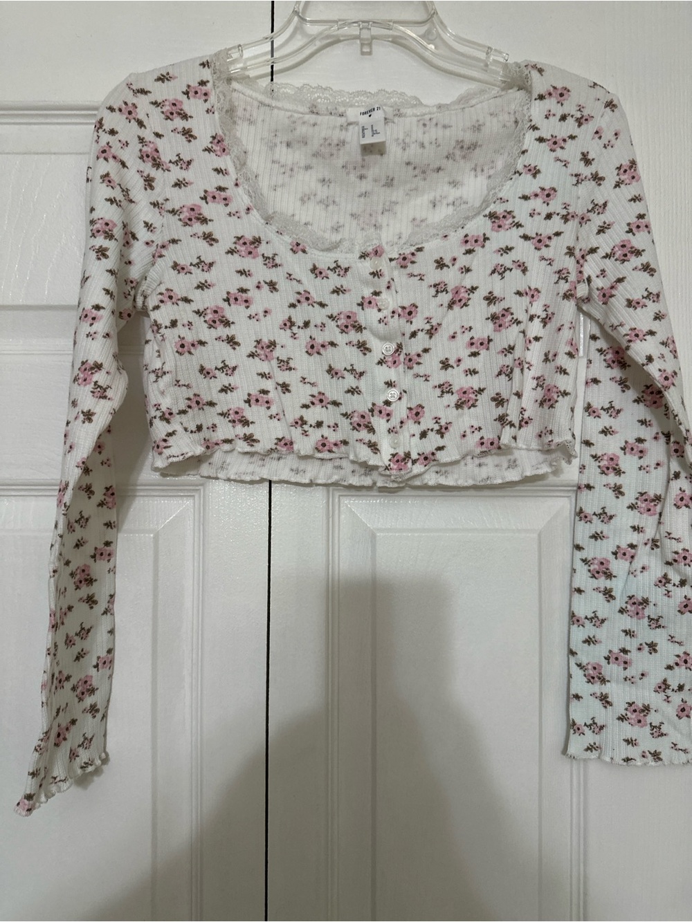 Floral Ribbed Button-Front Crop Top - Pink/White